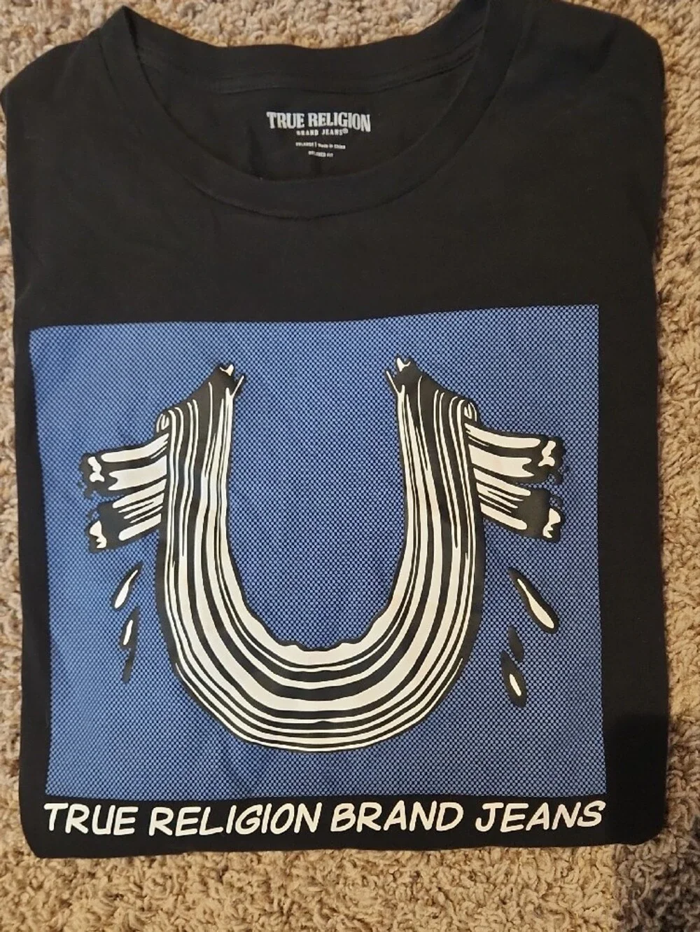 True Religion Black Short Sleeve Tee with Blue Graphic Horseshoe Square